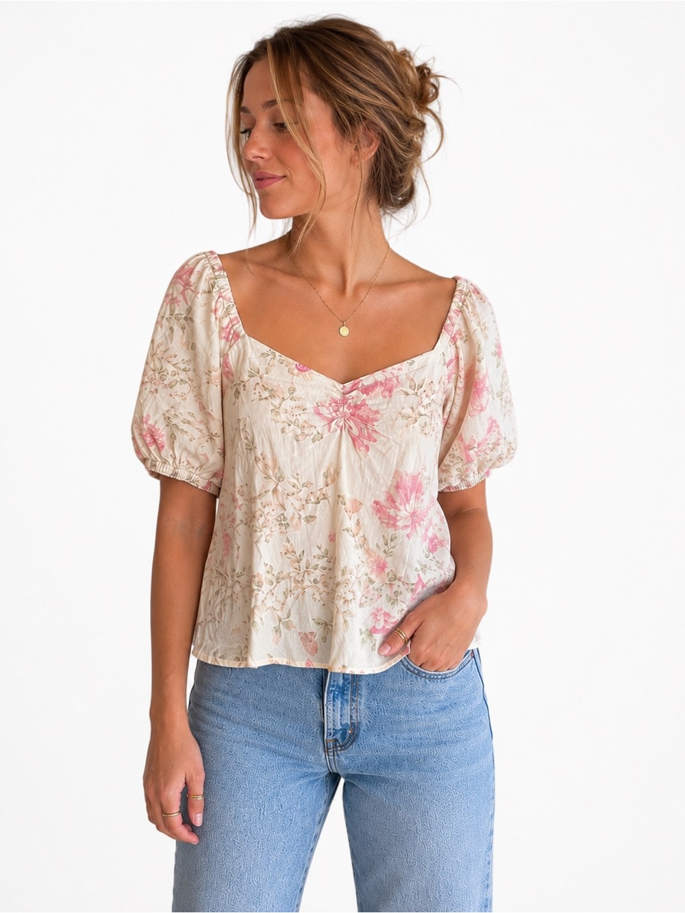 Black Tape Linen Blend Cream Floral Puff Sleeve Blouse | Off-Shoulder Top Large